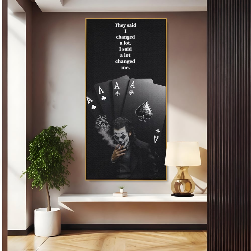 Tablou canvas cu tablou motivational cu joker si carti de joc, in rama de aluminiu auriu